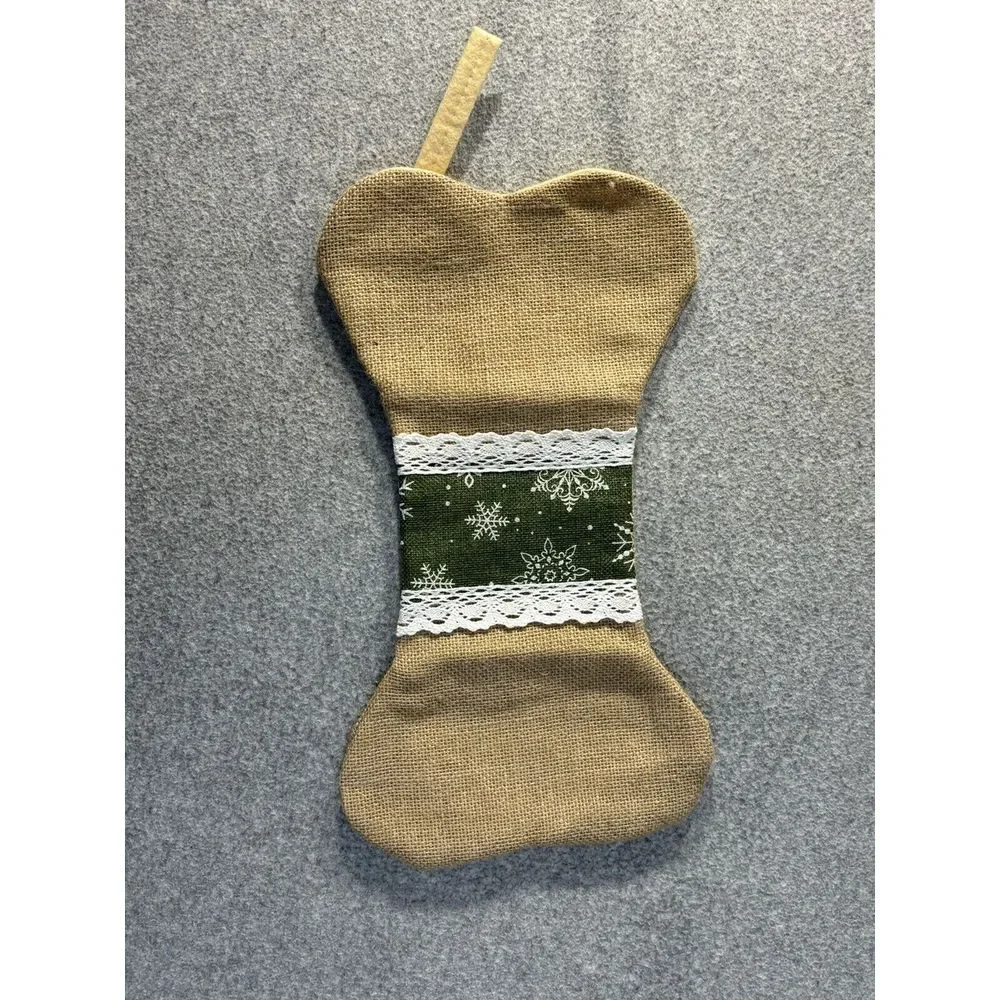 Burlap Dog Bone Shaped Doggy Christmas‎ Stocking with Green Trim NWOT